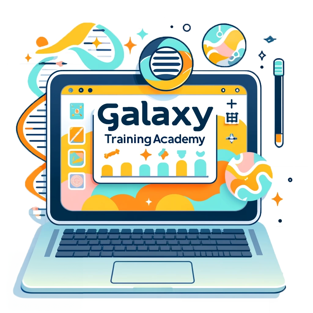 logo for the Galaxy Academy event consisting of a laptop surrounded by illustrations of DNA molecules