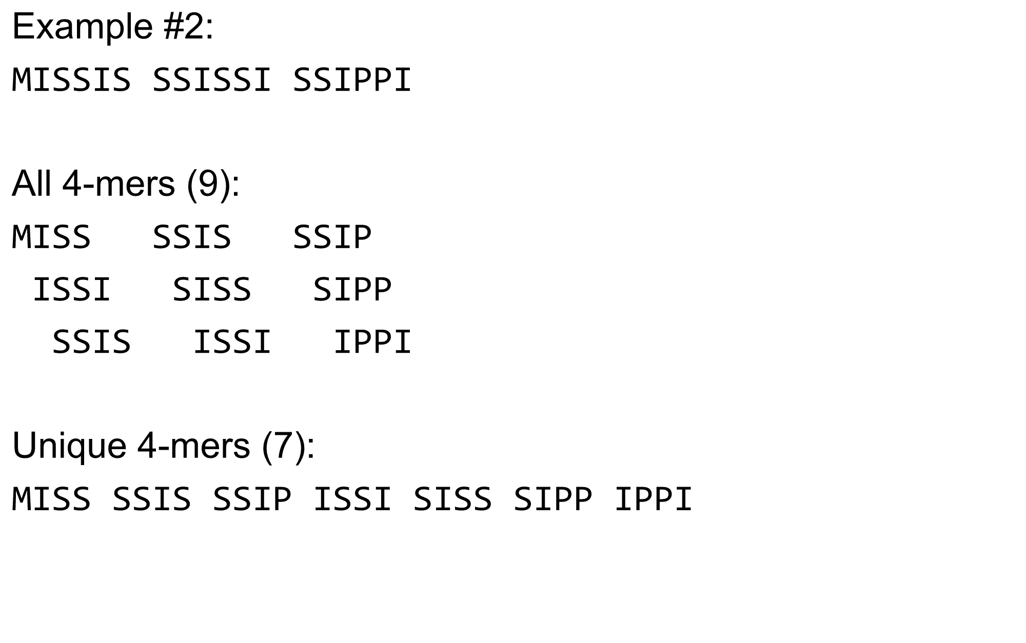 Example with a word containing repeats: Mississippi