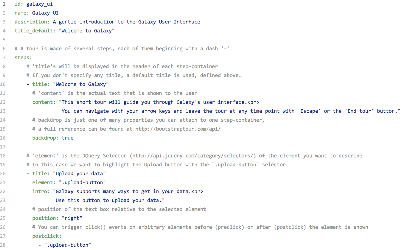 Screenshot of part of a tour, the tour is written in YAML and has a steps section with the various steps.