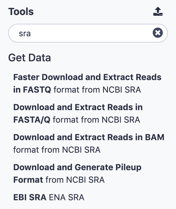 galaxy toolbox with sra entered in search box.