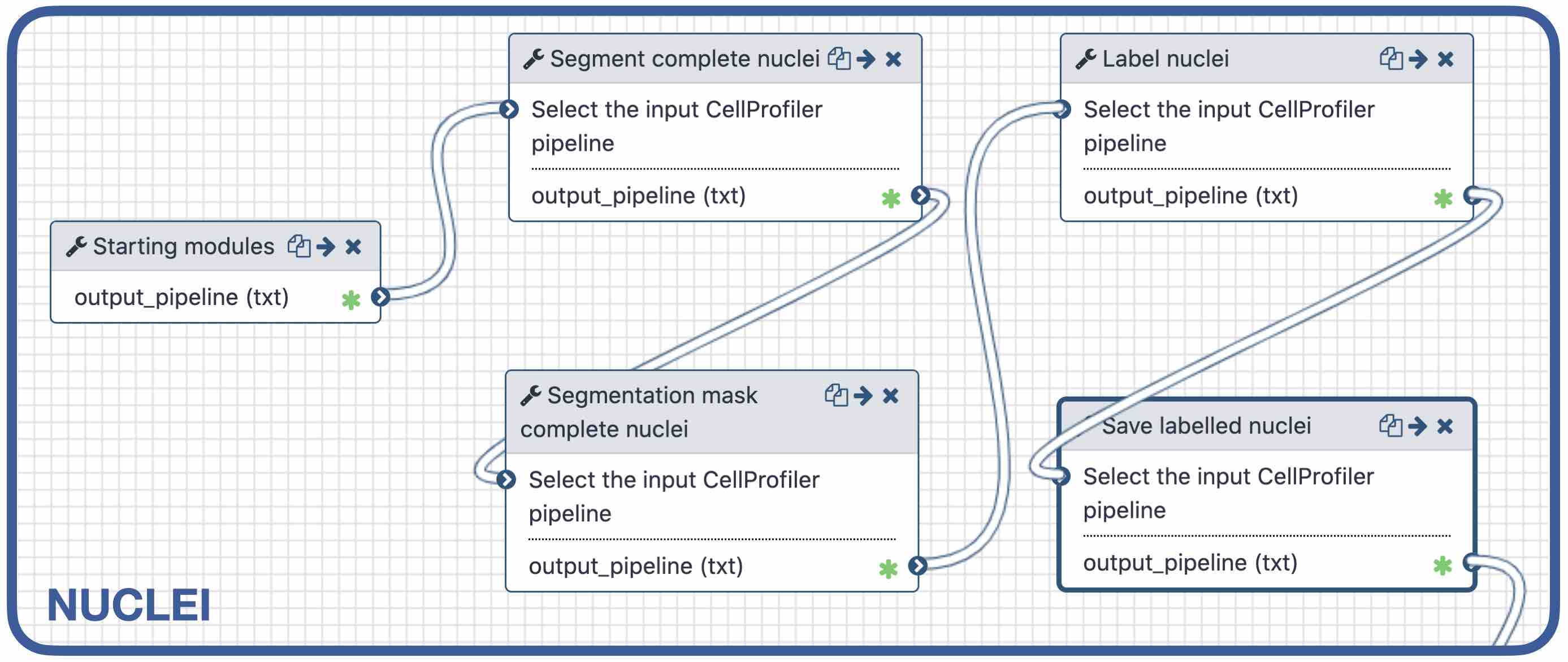 Inset to the first portion of the above overview image showing nuclei with 5 steps, starting modules, segment complete nuclei, segmentation mask complete nuclei, label nuclei, and save labelled nuclei.