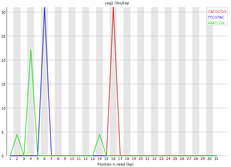 several peaks are visible on the log2 obs/exp graph of different k-mers at different positions in the read.