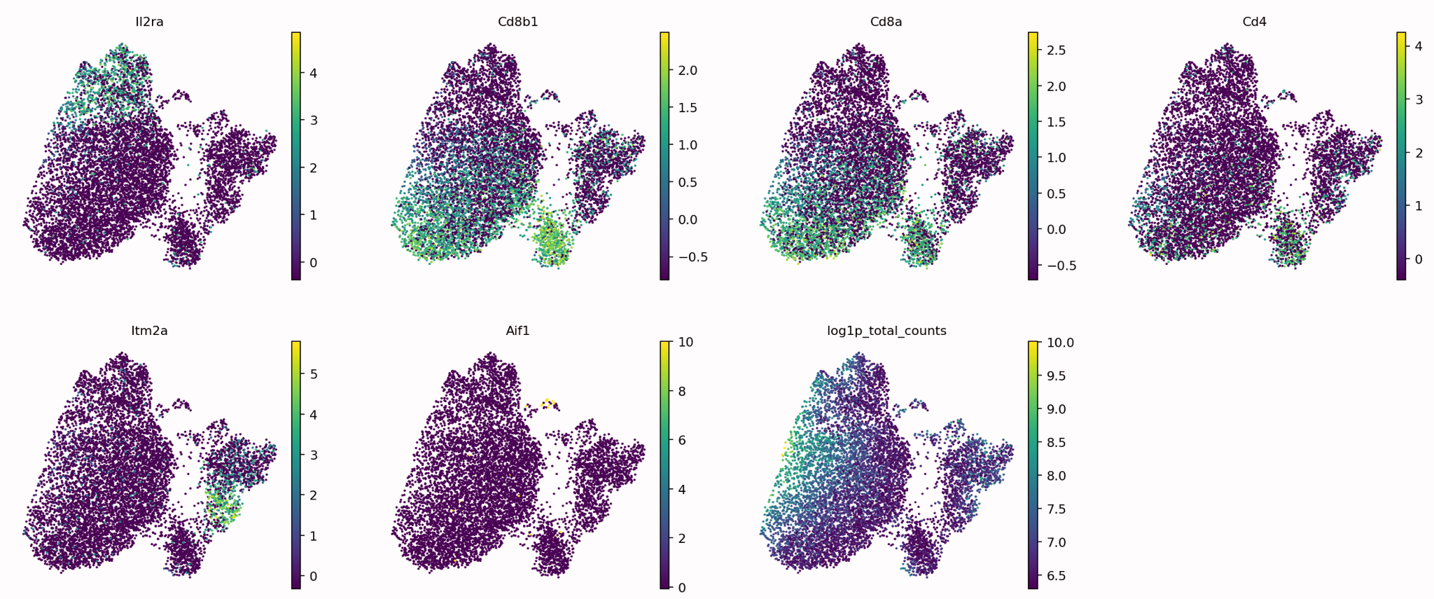 Various cell cluster diagrams showing the expression values of various marker genes