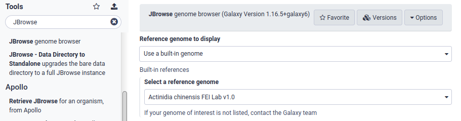 Screenshot of Galaxy showing the configuration interface for JBrowse.